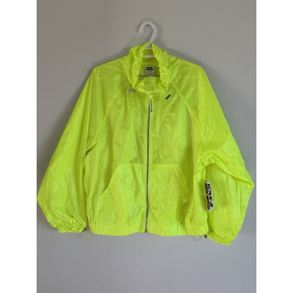 Love & Sports Neon Yellow Windbreaker Jacket Womens M 8-10 Lightweight Zip Up